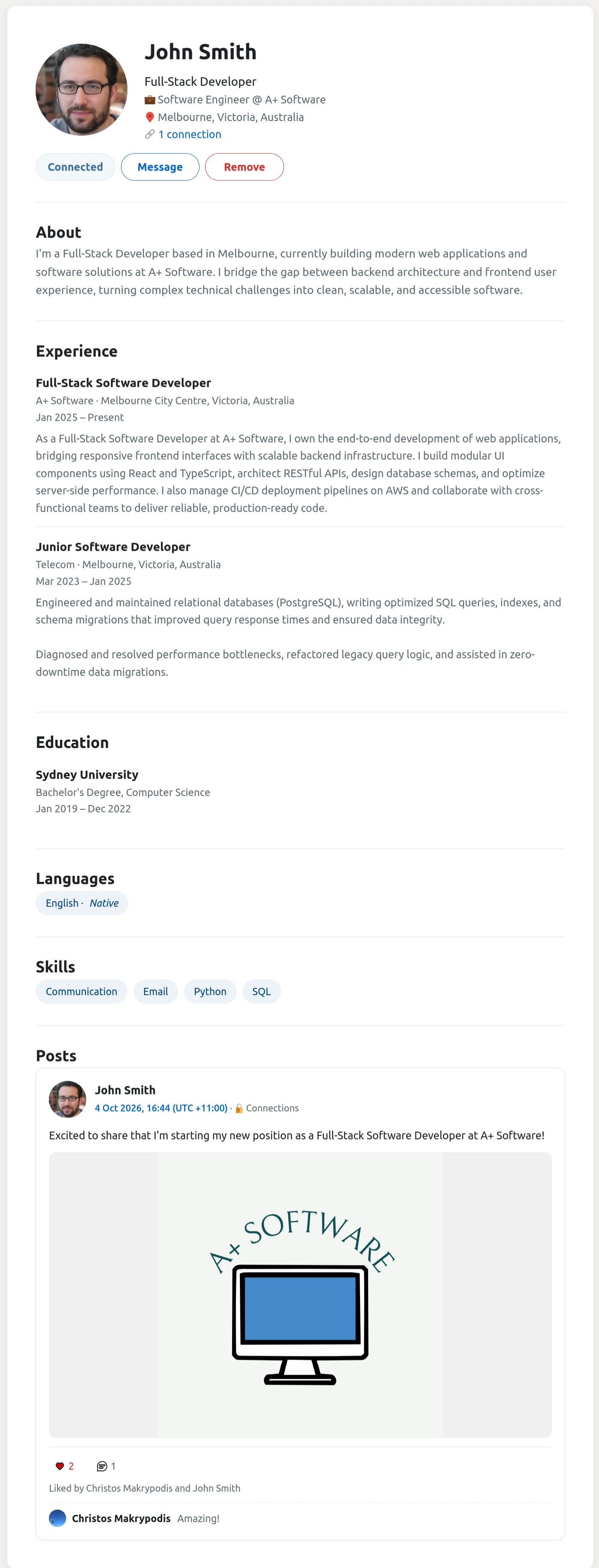 Example TheFairNet profile page for John Smith